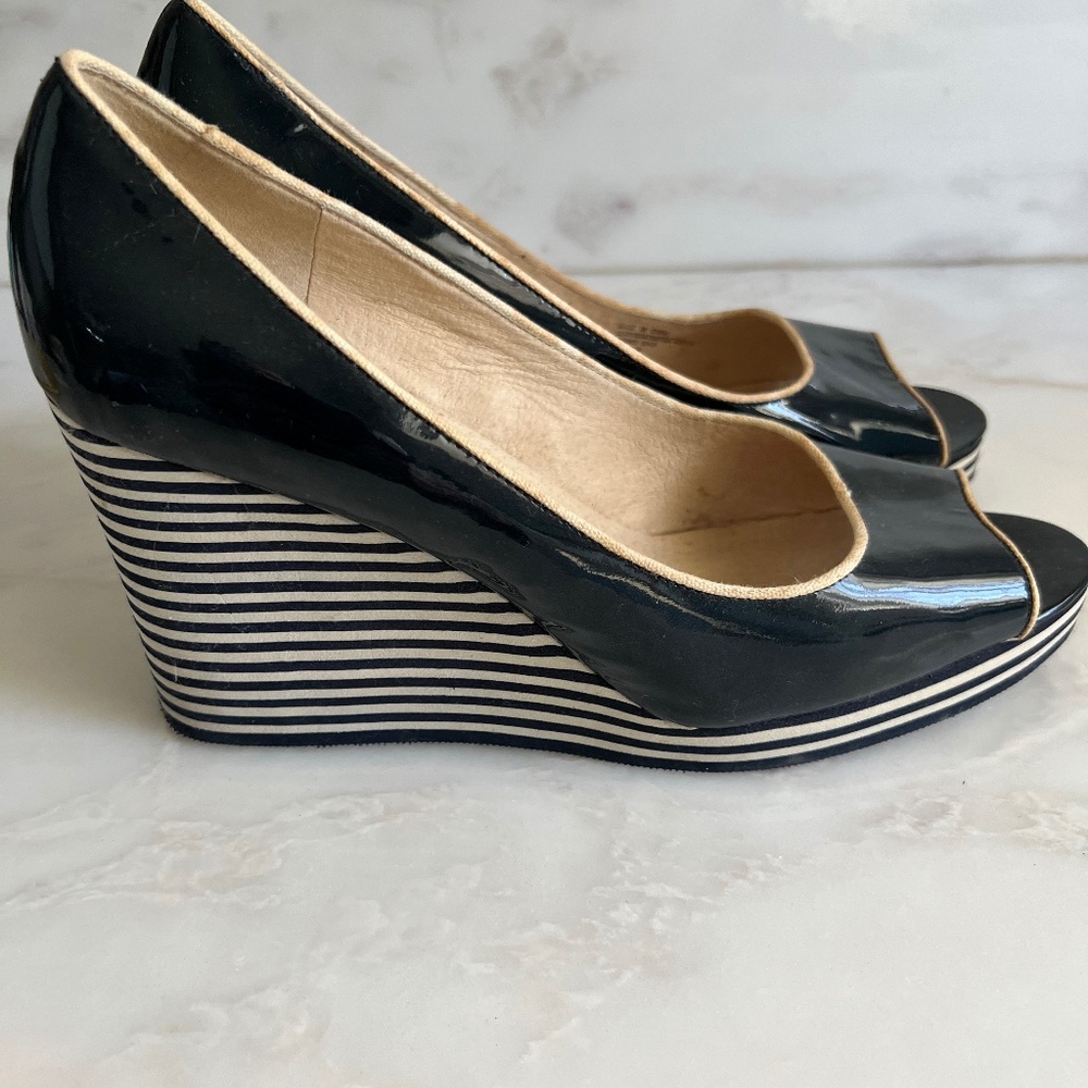 Step Up! Michael Kors Striped Patent  Navy and White Wedge Summer Shoe